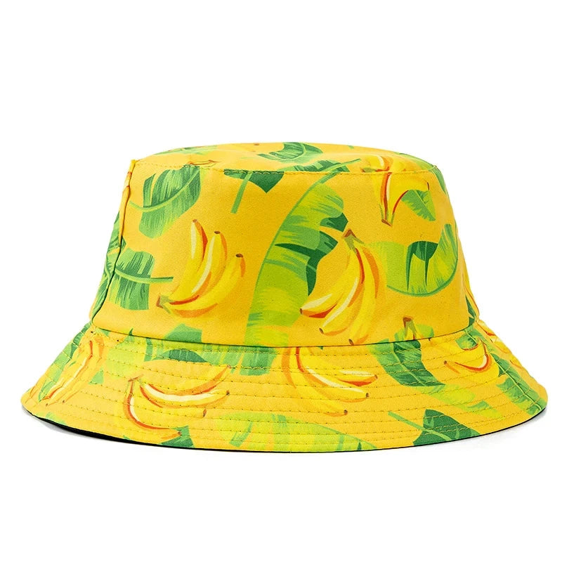 Hot Sale Unisex Bucket Hats Summer Double-sided Wear Fruit Printing Women Cap Outdoor Sun Hat Men Classic Panama Bucket Hat Good Vibrations