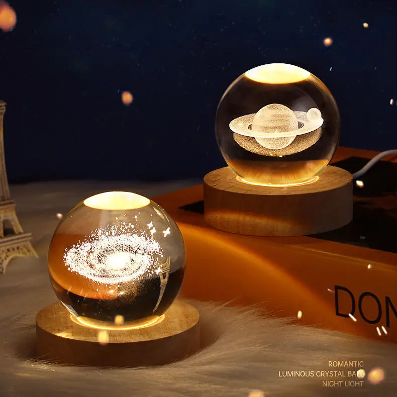 Gift Custom 3d Art 6cm Crystal Ball Night Lamp Luminous USB Wood Base Glowing Decoration Solar System Led Night Lights Good Vibrations