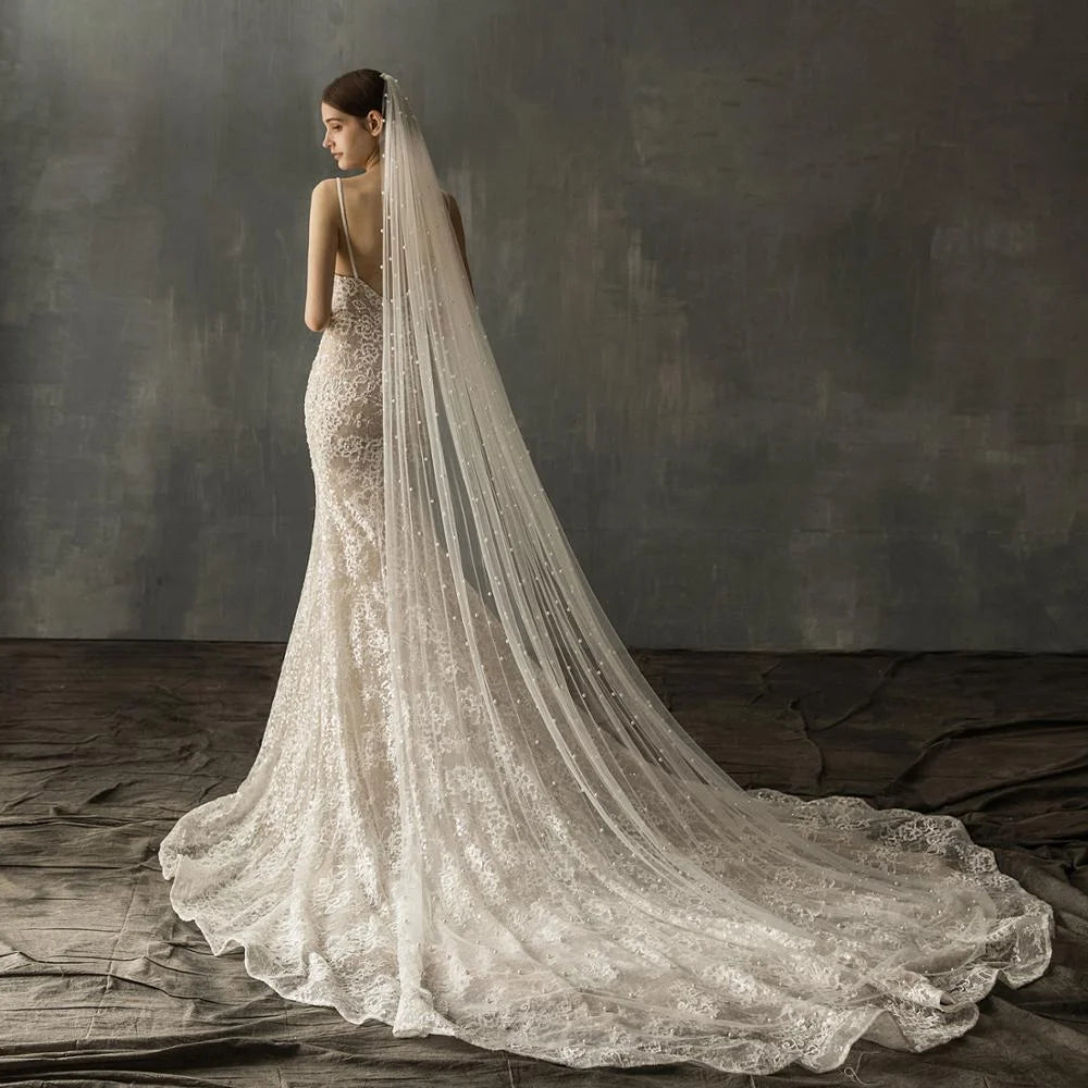 LUOXIN Customized Beautiful Wedding Dress Pearly Long Veil Ivory Bridal Veil Good Vibrations