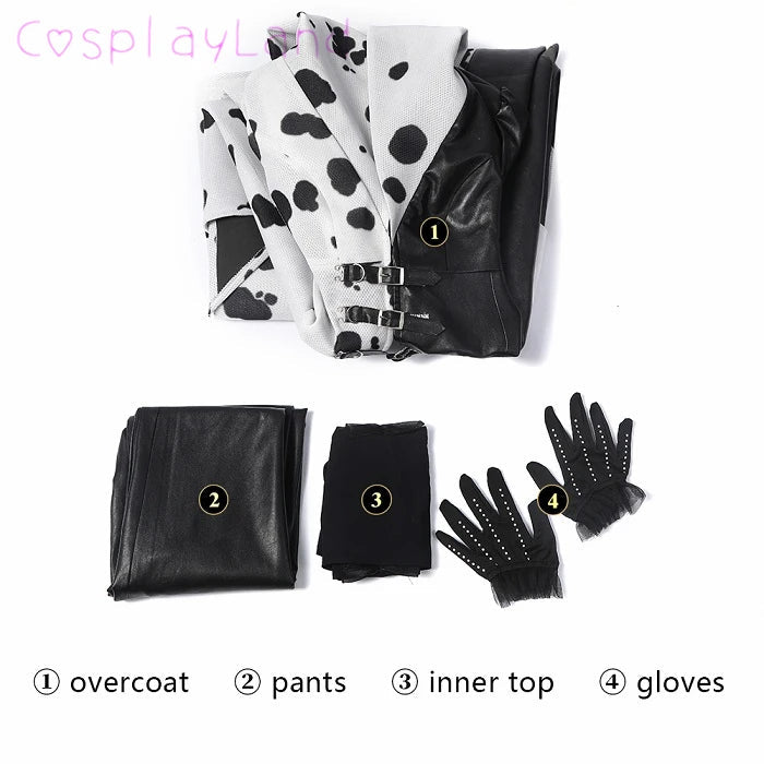 Cruella Costume Cosplay Evil Queen Black White Evening Party Dress Fashion Emma Magic Oufit Women Suit Coat Pants Gloves Good Vibrations
