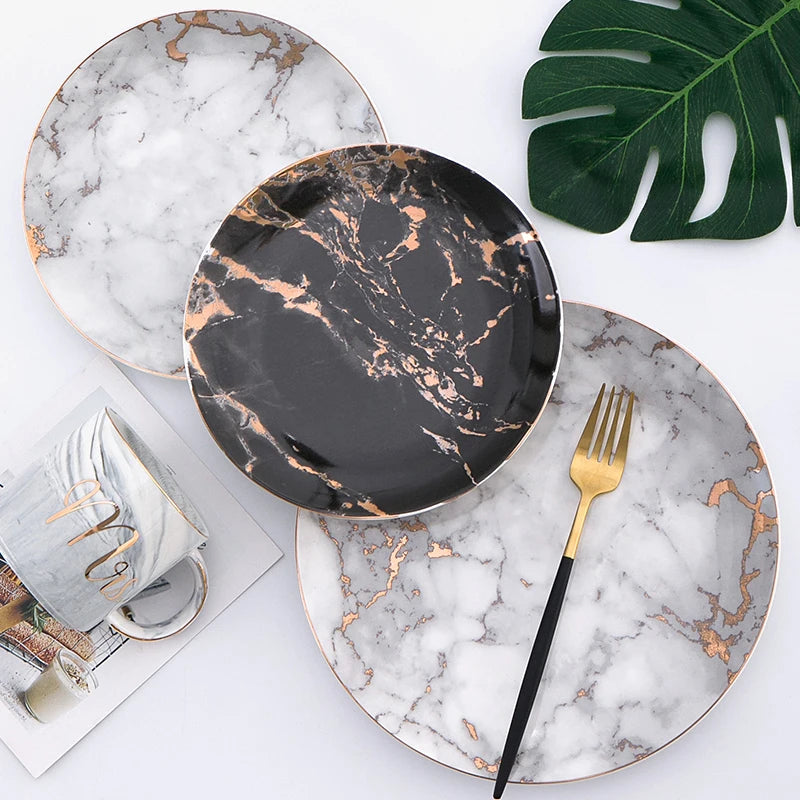 European Style Marble Plates Ceramic Dinner Set Gold Inlay Porcelain Dessert Plate Steak Salad Snack Cake Plates Tableware Good Vibrations