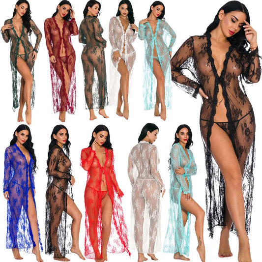 Women Set with Lace Trim Sexy Cardigan Robes Pajamas Young Girls Night Dress Sexy Lingerie Transparent Long Sleeve Woven Adults Good Vibrations