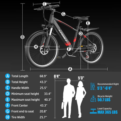 26 Inch Electric Bike for Adults 500W Powerful Motor 48V 10.4Ah Removable Batter 30 Miles Range Electric Mountain Bike Good Vibrations
