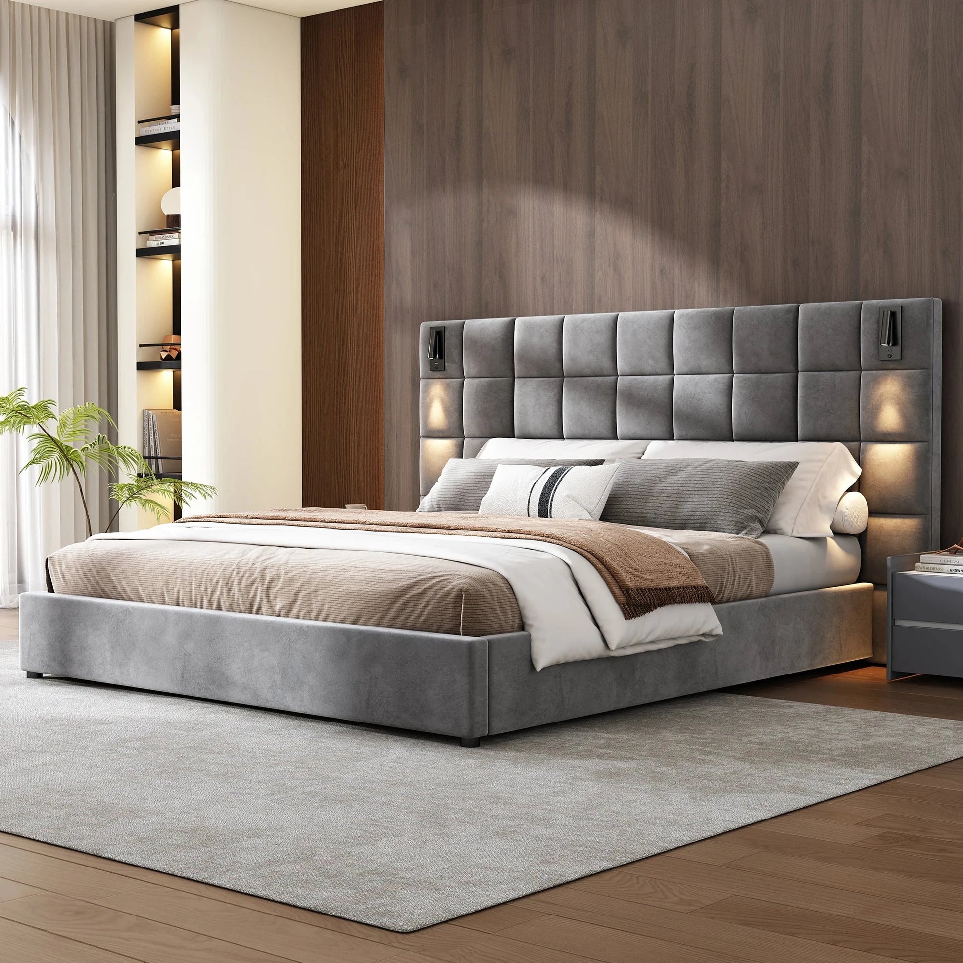 Modern King Bed with Reading Lamp & USB Port Upholstered Wide Headboard in Grey Smart Bed Design Good Vibrations
