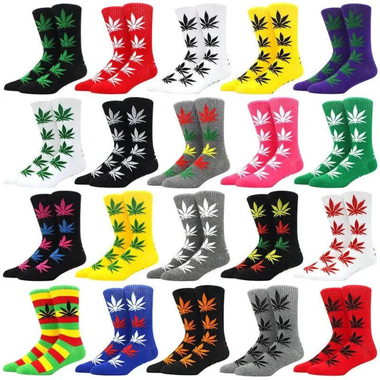 Colorful men's fashion business hemp cotton crew socks with marijuana leaf patterns in various vibrant colors for streetwear and casual style