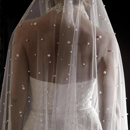 Pearls White Ivory Long Bridal Veil With Comb One Layer Cathedral Wedding Veil With Pearls Velos De Noiva Crystal Beads 75-300cm Good Vibrations