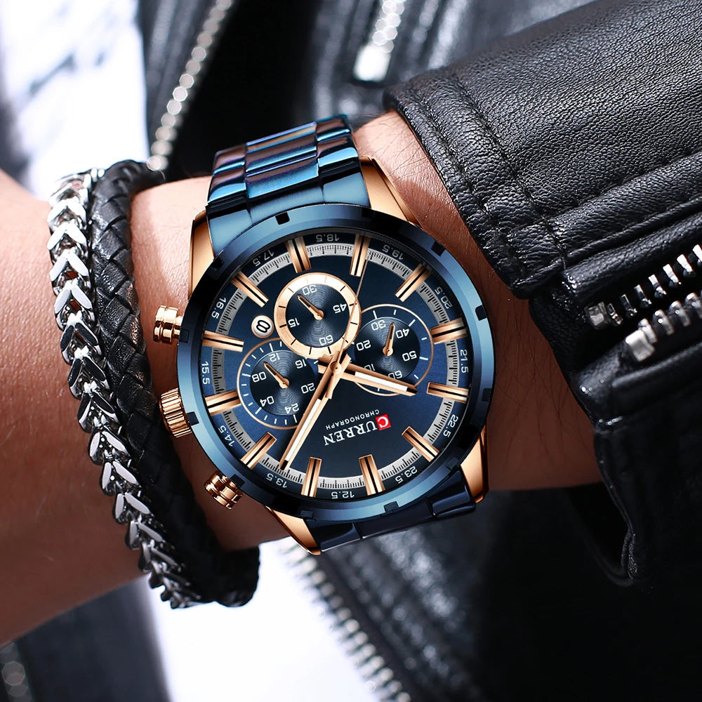 Curren Men's Watch Blue Dial Stainless Steel Band Date Mens Business Male Watches Waterproof Luxuries Men Wrist Watches for Men Good Vibrations