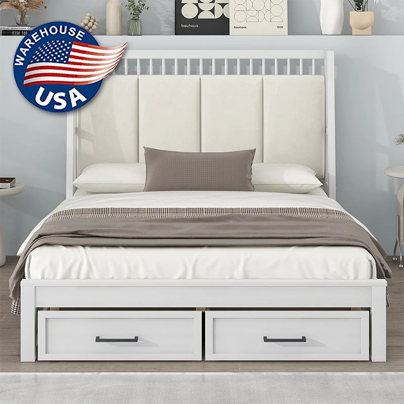 White Upholstered Wood Platform Bed with Headboard and 2 Drawers Good Vibrations
