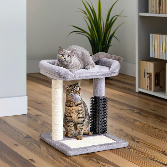 20" Tall Grey Cat Tower 4-in-1 Self Groomer Natural Sisal Plush Perch Bed Indoor Kittens Scratching Post Wood for Small Cats Good Vibrations