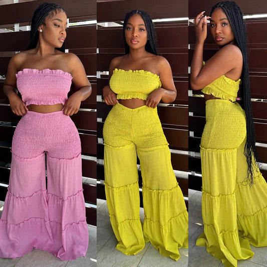 New Arrival Women Set Sexy Bubble Crepe Fabric With Wooden Ear Edge Patchwork Strapless Pants Two-piece Set Good Vibrations
