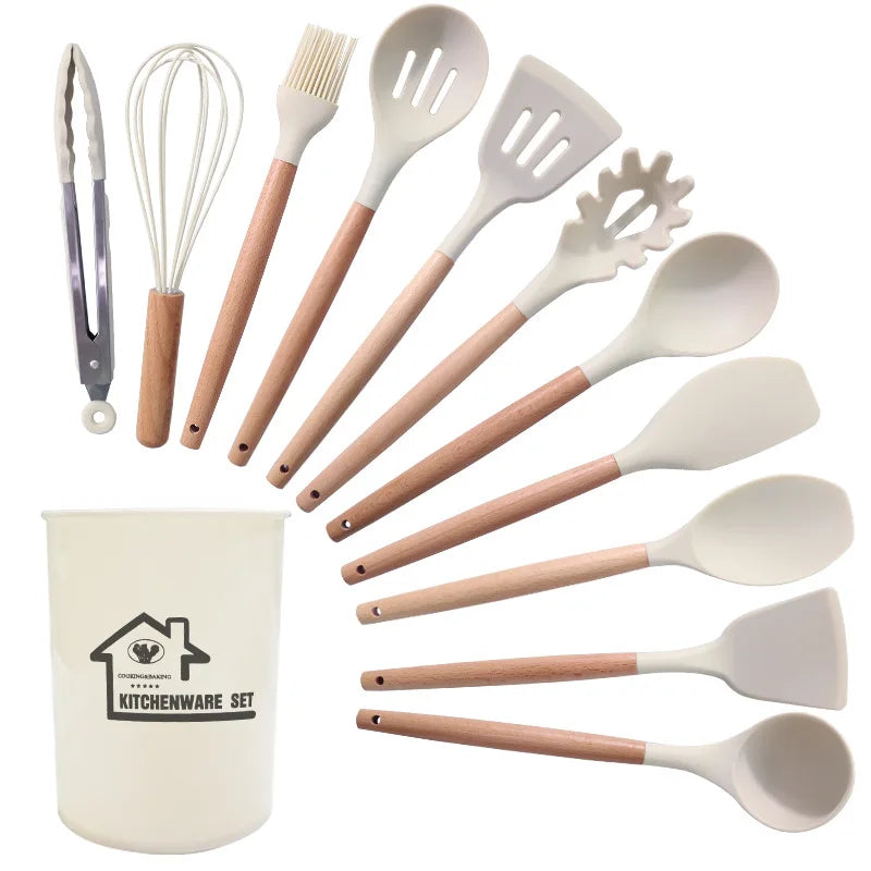 2022 Christmas Gift Food Grade Silicone Cutlery Set Wooden Handle Kitchen Gadgets Kid With Spatula Spoon Spaghetti Server Laddle Good Vibrations