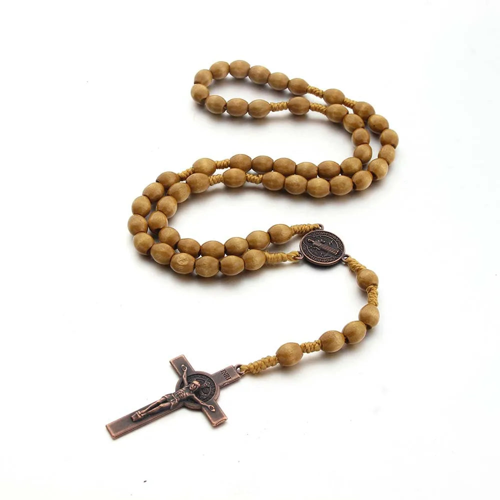 Jesus Cross Pendant Necklace Catholic Rosary Christian Religious Cross Hand Made Wooden Beads Exorcism Necklace Vintage Jewelry Good Vibrations