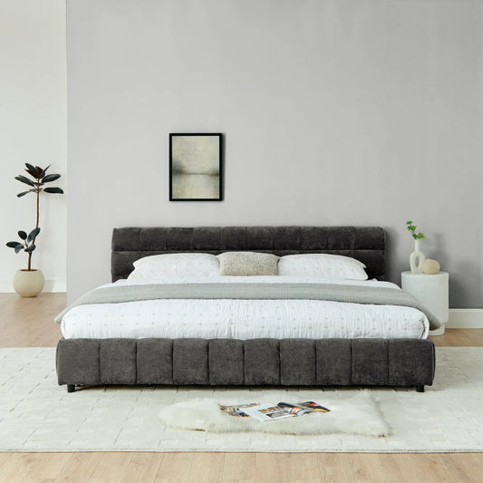 Modern Luxury Queen/King Size Upholstered Bed Frame Soft Chenille Fabric Bedroom Furniture with Wooden Structure Good Vibrations