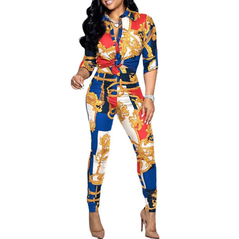 Wholesale Two Piece Set Women Outfits Office Ladies Long Sleeve Print Shirt and Long Pants 2 Piece Casual Pants Set Good Vibrations