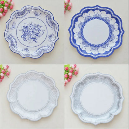 Retro Floral Chinese Style Blue and White Porcelain Paper Plate Party Plates Wedding Lace Dish Disposable Plate 1PC Tablecloth Good Vibrations