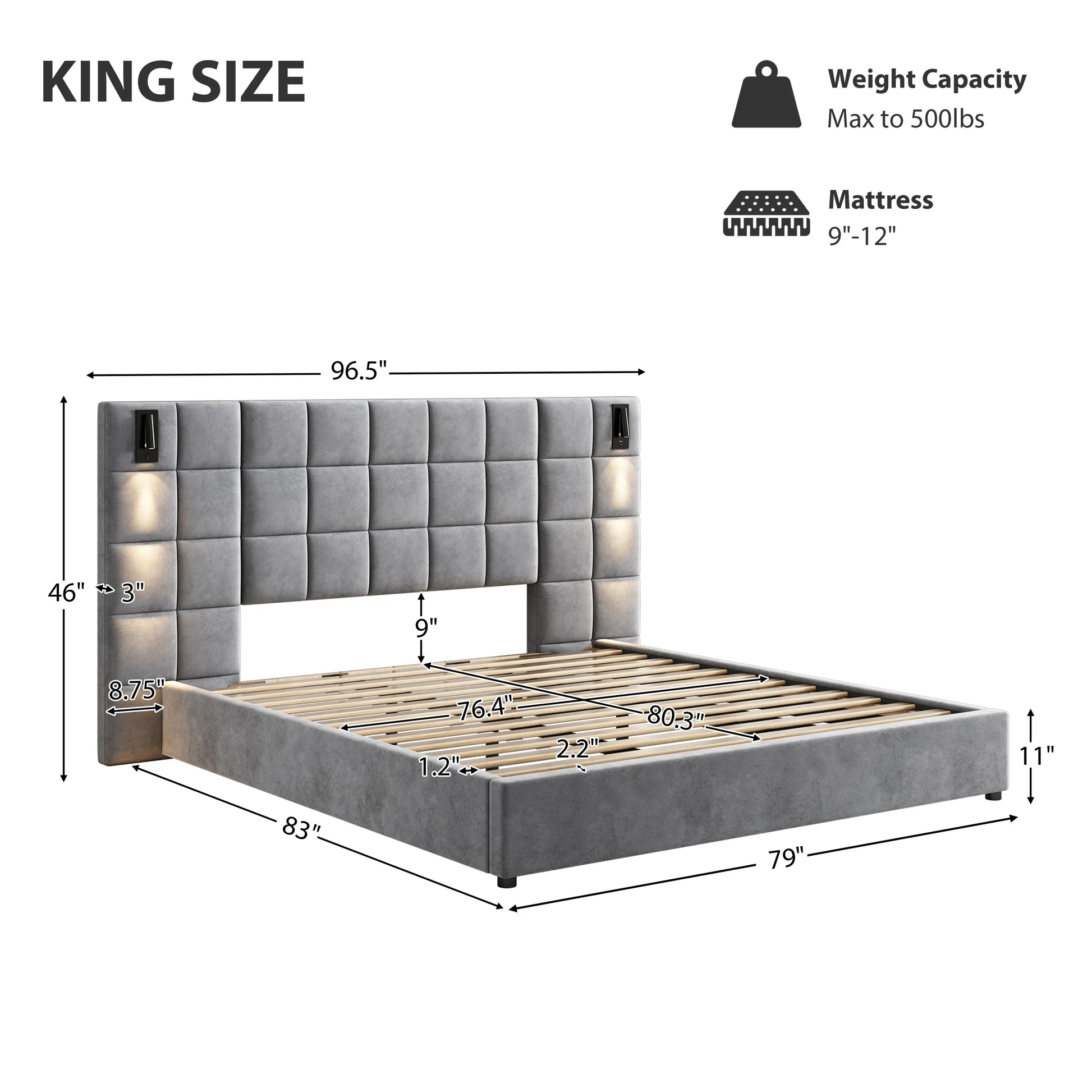 Modern King Bed with Reading Lamp & USB Port Upholstered Wide Headboard in Grey Smart Bed Design Good Vibrations