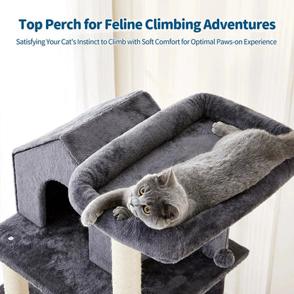 60-Inch Indoor Cat Tower with Cozy Plush Hammock 2 Hanging Balls Top Perch Sisal Scratching Posts Multi-Level Cat Tree Bed Good Vibrations