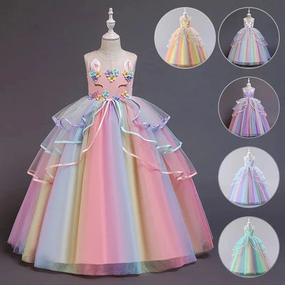 Kids Unicorn Girl Dresses Flower Appliques Princess Dresses Children Wedding Birthday Party Costume Evening Formal Gown Good Vibrations