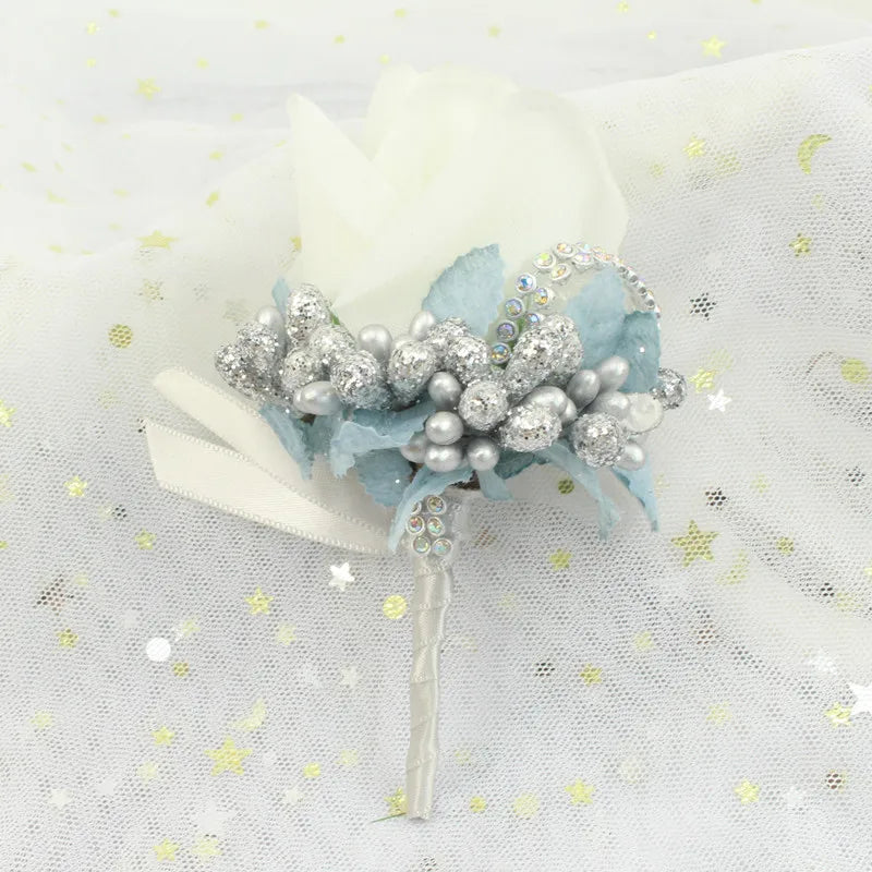 YO CHO Wedding Bouquet Artificial Rose Flowers Blue Brooch Corsages Glitter Rhinestone Ribbon Lace Classic Prom Boutonniere Pins Good Vibrations