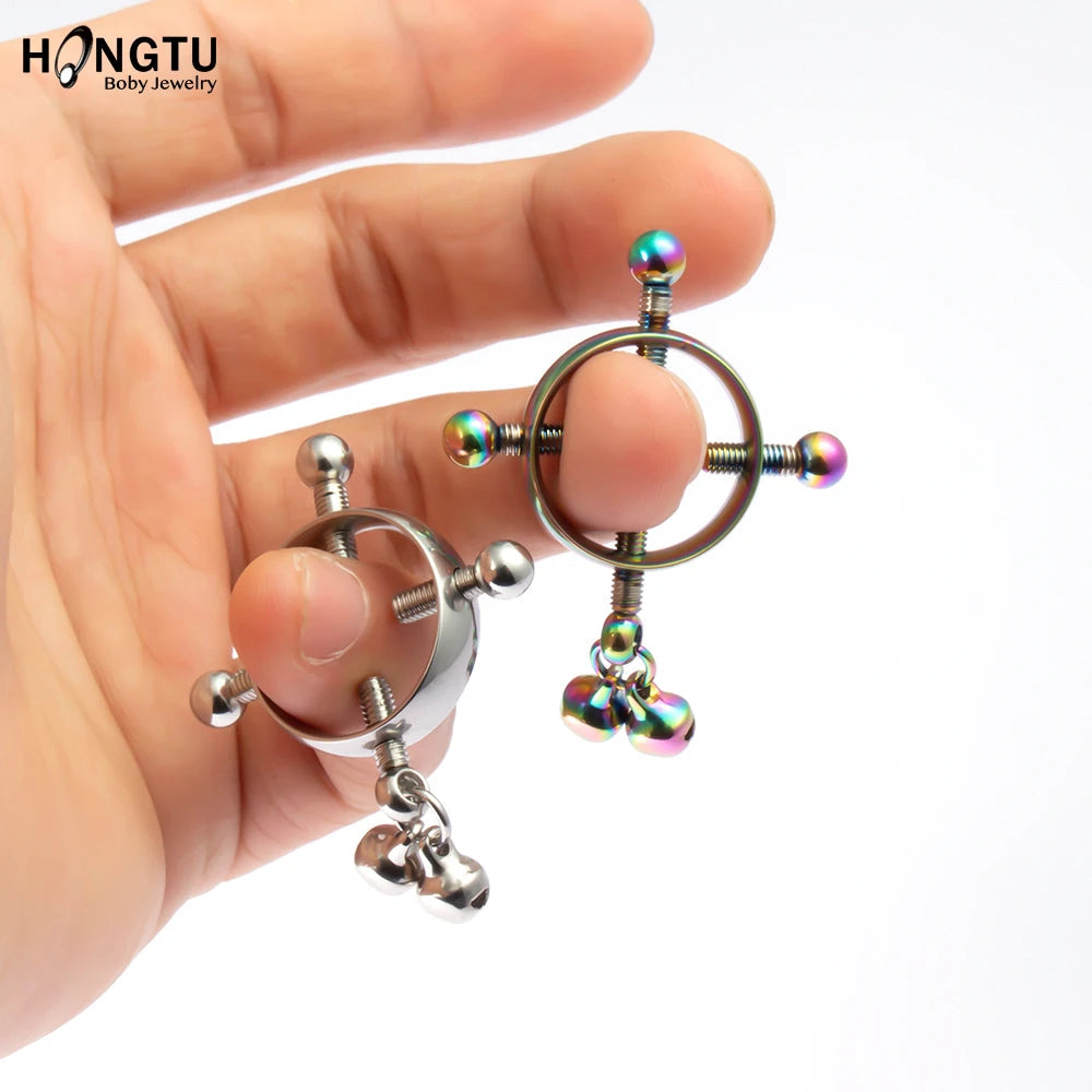 2PCS Screw Bell Pendant Fake Nipple Ring Women Stainless Steel Fashion Piercing Jewelry Body Jewelry Round Nipple Piercings Bar Good Vibrations