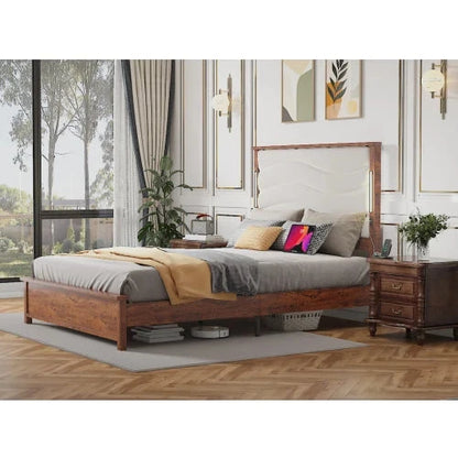 King Size Bed Frame with Upholstered Headboard, King Bed Frame with Charging Station and LED Lights, Wood Slats Good Vibrations
