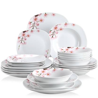 VEWEET ANNIE 48-Piece Porcelain Ceramic Tableware Dinner Plate Set with Bowl,Dessert Plate,Soup Plate,Dinner Plate for 12 Person Good Vibrations