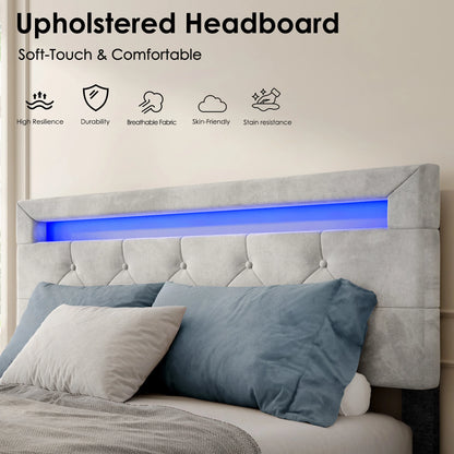 Luxe Velvet Platform Bed Frame with LED Headboard, 4 Storage Drawers, Adjustable Height, No Box Spring Needed, Queen Good Vibrations