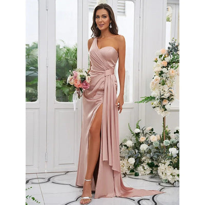 S1036H 2023 New Solid Color One-shoulder Slit Long Banquet Host Evening Dress