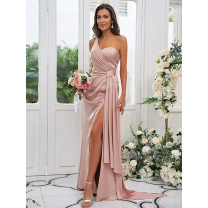 S1036H 2023 New Solid Color One-shoulder Slit Long Banquet Host Evening Dress Good Vibrations