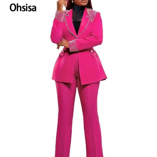 Ohsisa Women Set   Pearl Long-Sleeved Slim Stretch Suit Two-Piece Set Crocheted Top Bow Collar Knee Length  Suit Good Vibrations