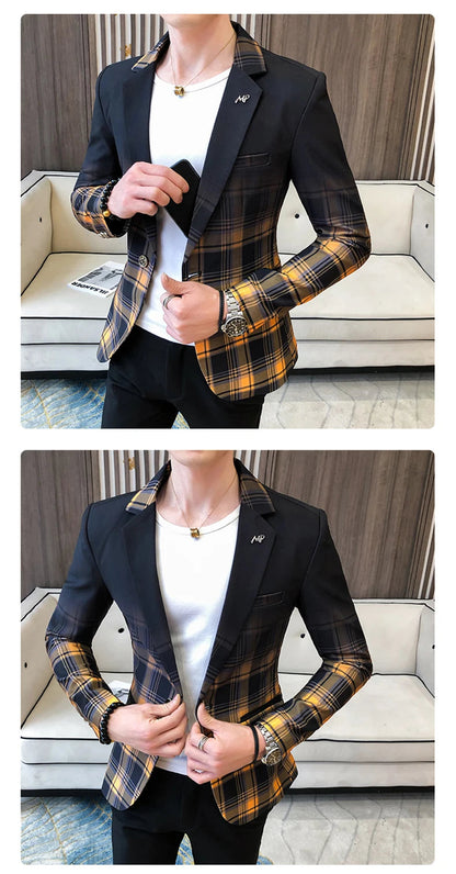 Blazer Men Boutique Fashion Plaid Men's Slim Casual Suit Jacket Male Ball Social Blazer Suit Coat Host Clothing Good Vibrations