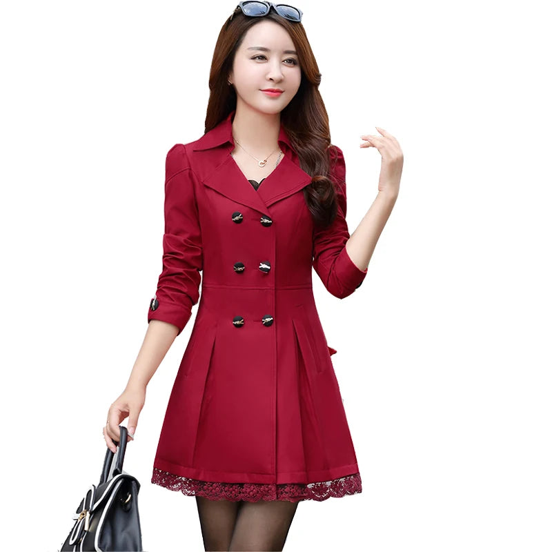 Fashion Double Breasted Windbreaker Spring Autumn Coats Women's Trench Coat Mid-Long Lace Stitching Casual Outerwear Female Good Vibrations