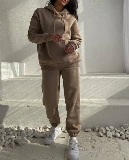 Liu Ming Custom Logo Wholesale Fashion Women Outfits Long Sleeve Hooded Loose Tracksuit Sweatshirt and Pants Set Good Vibrations