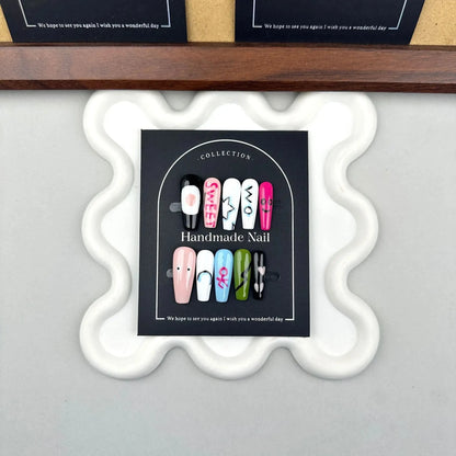 Handmade 3D Whitening Painting Press-on Nails Versatile Cute Anime Cartoon Design Durable ABS Fingers Pure Color Made for Good Vibrations