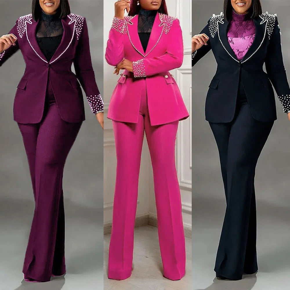 Ohsisa Women Set   Pearl Long-Sleeved Slim Stretch Suit Two-Piece Set Crocheted Top Bow Collar Knee Length  Suit Good Vibrations