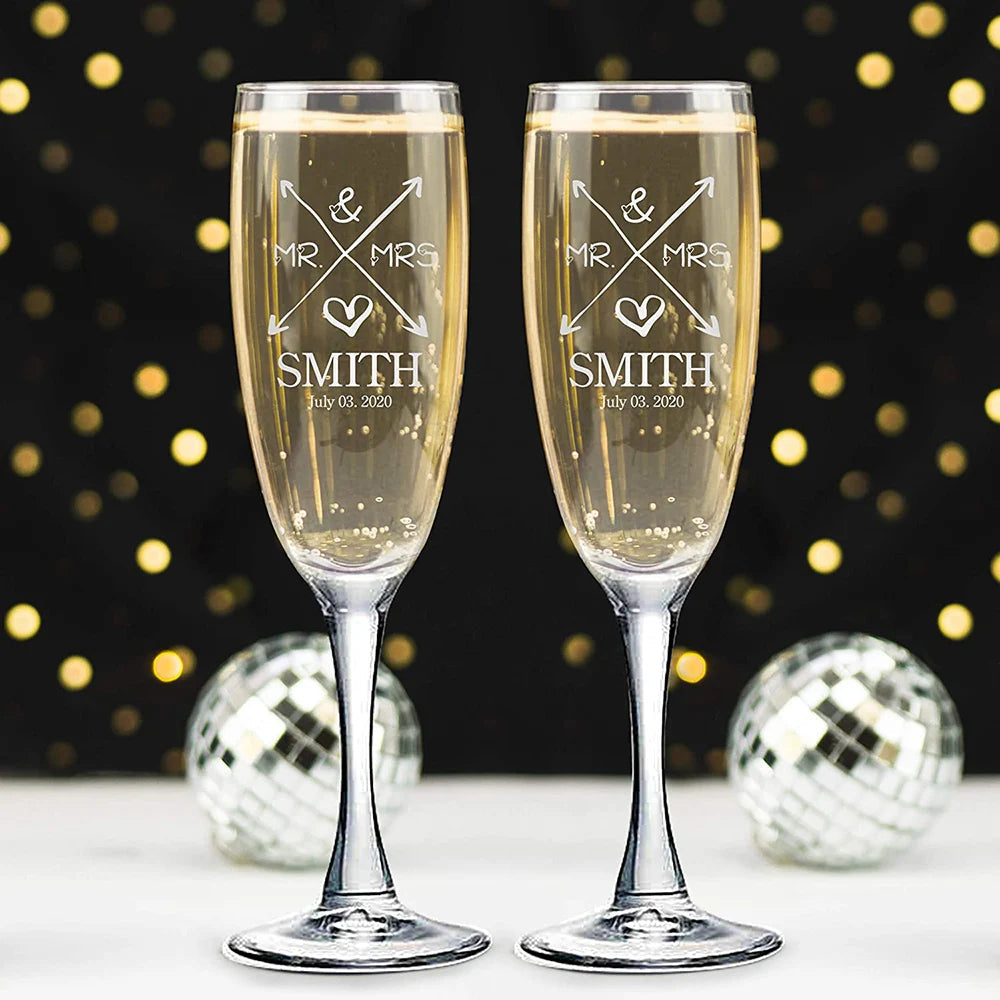 Personalized Champagne Flute Wedding Party Mr and Mrs Champagne Glasses Anniversary Gift for Couple New Years Celebration Good Vibrations