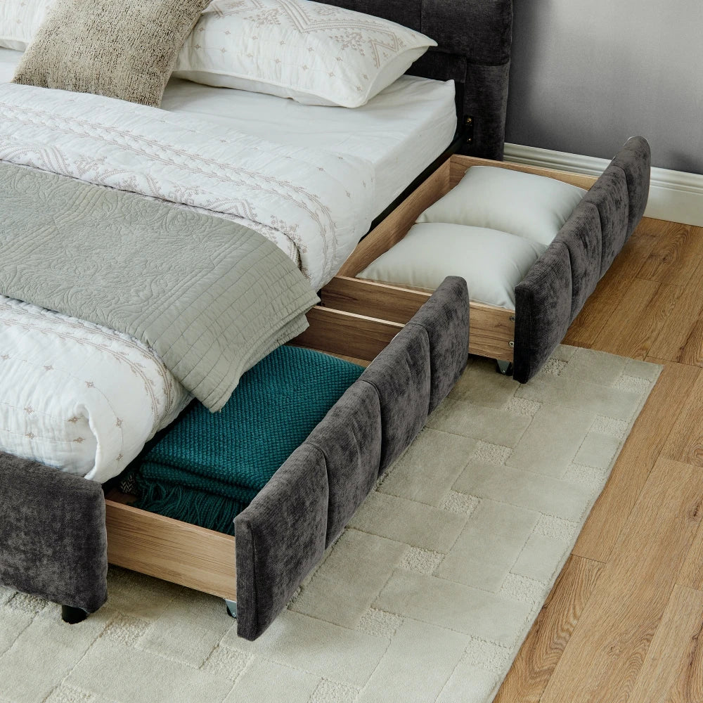 Modern Luxury Queen/King Size Upholstered Bed Frame Soft Chenille Fabric Bedroom Furniture with Wooden Structure Good Vibrations