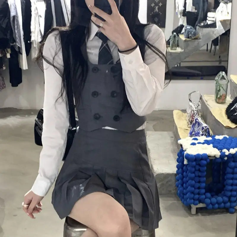 2021 Japanese School Uniform White Three Lines College High School Girls Student Uniforms Sailor Suit White Tops Pleated Skirt Good Vibrations Adult Super Store