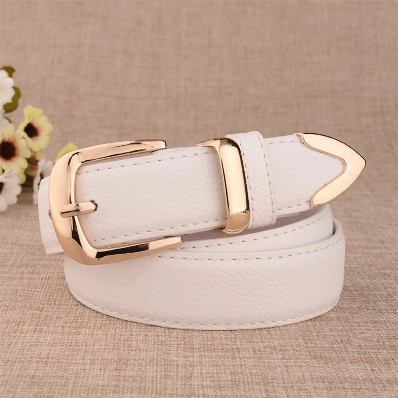 Fashion Women Leather Belts High Quality Gold Buckle Best Matching Dress Jeans Belts for Lady LB2146 Good Vibrations