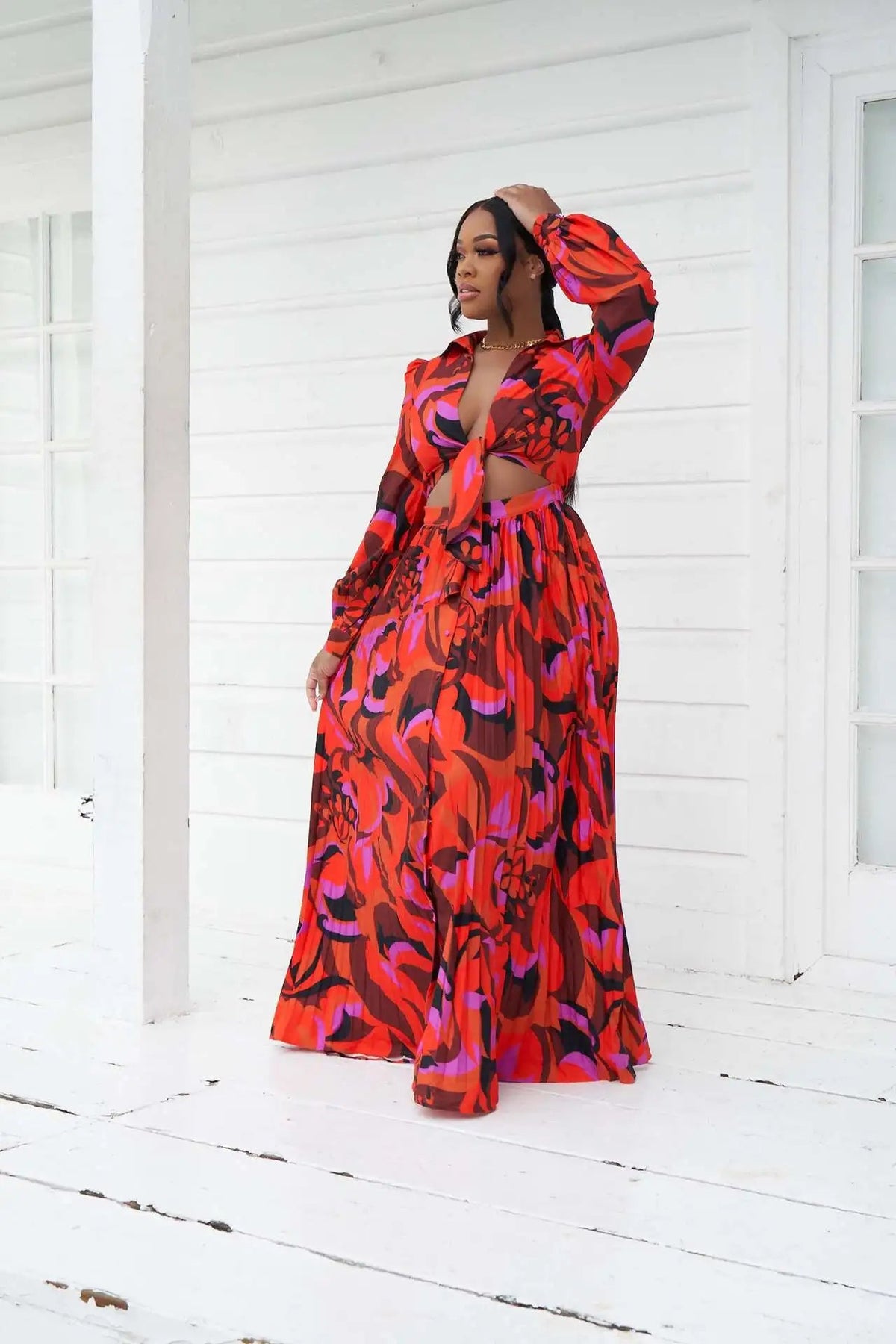 Liu Ming Elegant 2024 Summer Women Outfits Sexy V Neck Printed Long Sleeves Top Vacation Slit Skirt Suit Good Vibrations