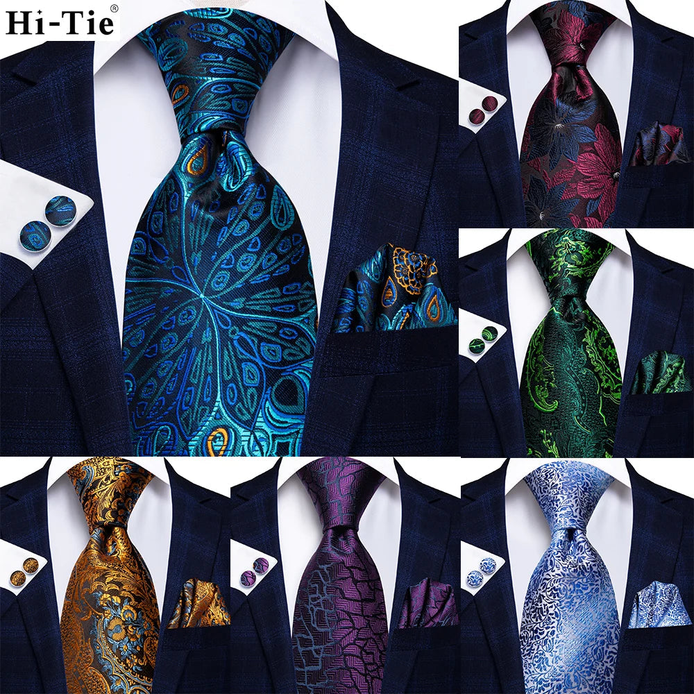 Jacquard Peacock Blue Novelty Design Wedding Tie For Men Hanky Cufflinks Gift Mens Necktie Set Business Party Dropshipping Good Vibrations