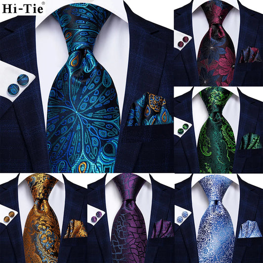 Jacquard Peacock Blue Novelty Design Wedding Tie For Men Hanky Cufflinks Gift Mens Necktie Set Business Party Dropshipping Good Vibrations