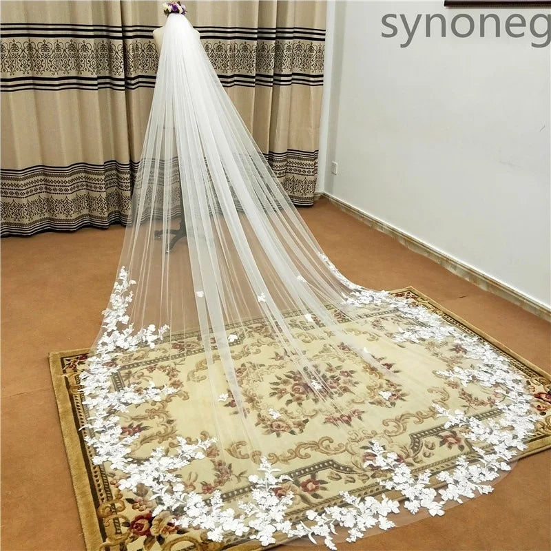 Western Style Bulk Sale Trendy Tulle Applique Long Veil Bridal Accessories Bride Flower Lace Cathedral Wedding Veil Good Vibrations