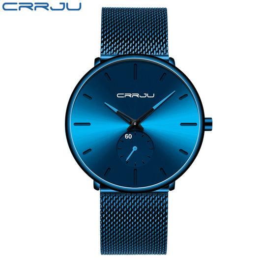 CRRJU New Watches Mens 2019 Man Fashion Simple Stainless Steel Blue Thin Watch For Men Luxury Casual Waterproof Quartz Clock Good Vibrations