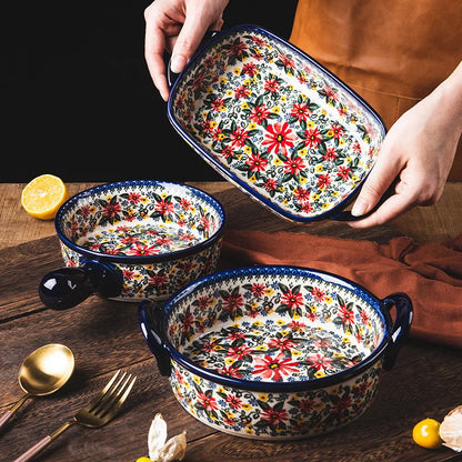 LingAo     Ceramic noodle bowl, double-ear bowl, plate tableware set Good Vibrations