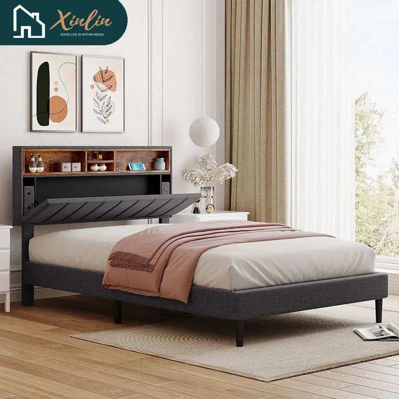 Free Shipping US Warehouse Linen Fabric Full-Size Murphy Bed with Storage Headboard Upholstered Platform Bed & USB Port Good Vibrations