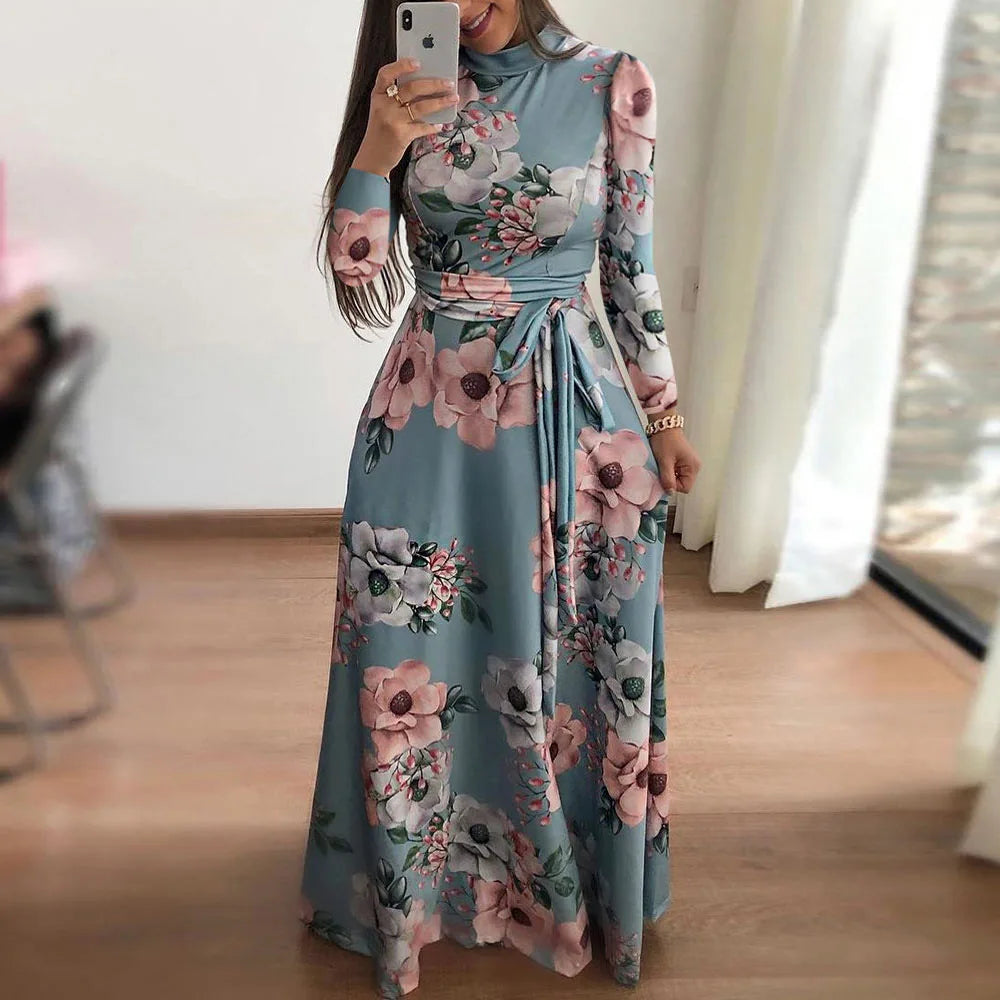 Women's Boho Floral Print Maxi Dress Elegant for Bandage Party Vestido with Long Sleeves for Summer Plain Dyed Casual Long Dress Good Vibrations