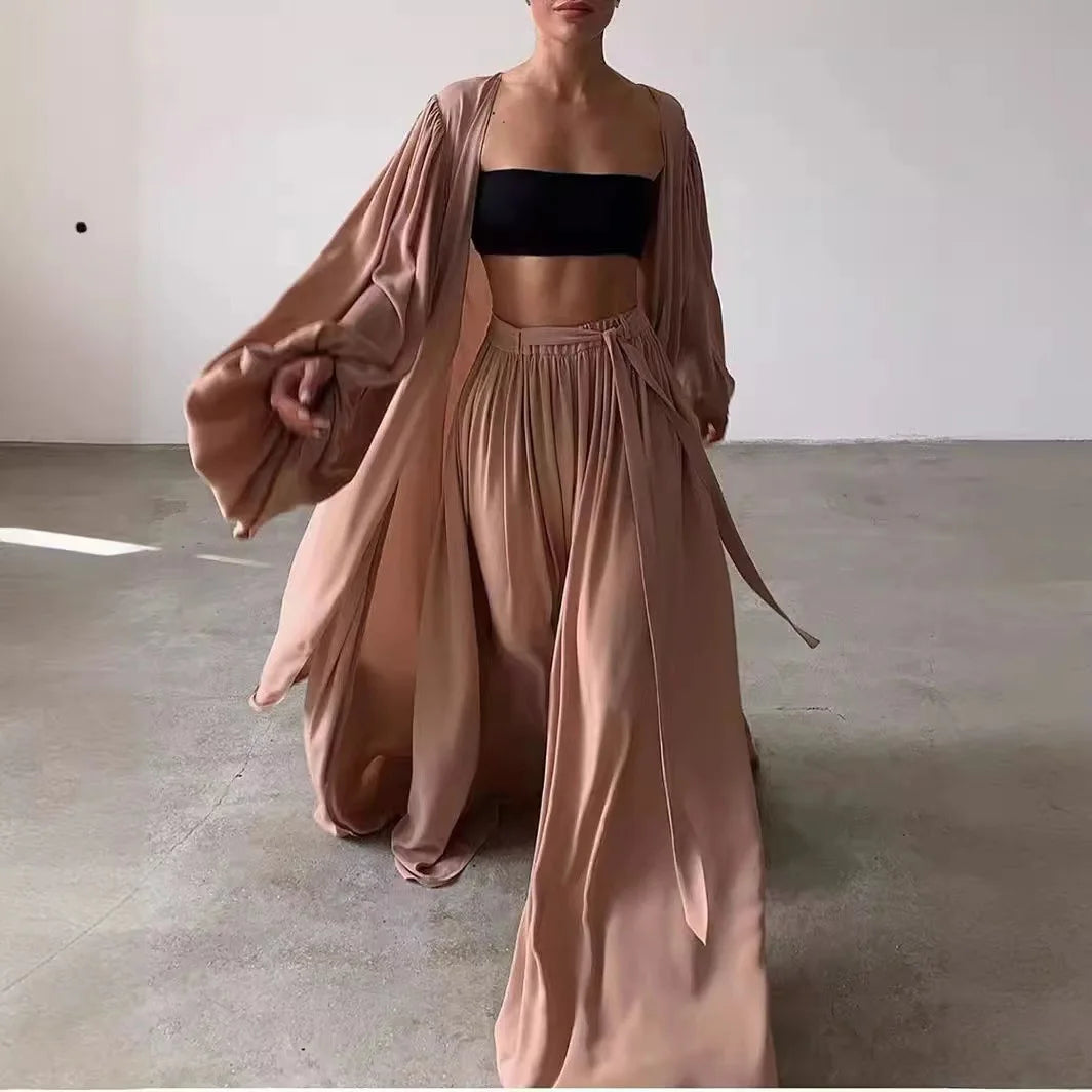 Lazy Style Women Set Solid Shirt Wipe Chest Wide Leg Pants Elegant Women Pants Set Woman Clothes Outfits Good Vibrations