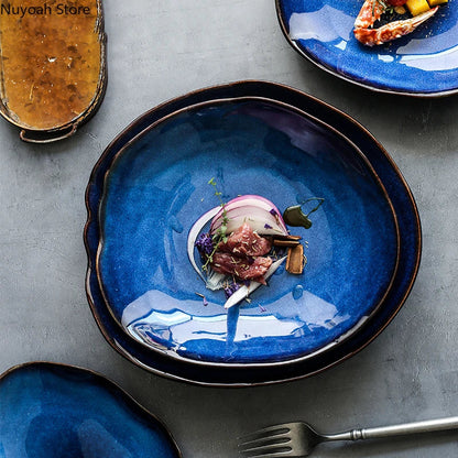 Household Ceramic Dinner Plate European Style Blue Glaze Salad Bowl Irregular Tableware Western Dinner Plate/kitchen Supplies Good Vibrations