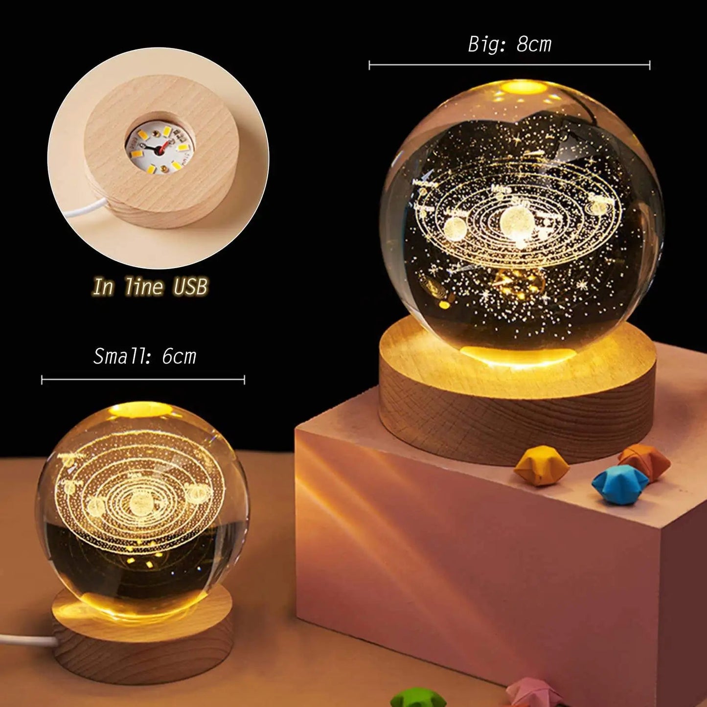 Gift Custom 3d Art 6cm Crystal Ball Night Lamp Luminous USB Wood Base Glowing Decoration Solar System Led Night Lights Good Vibrations